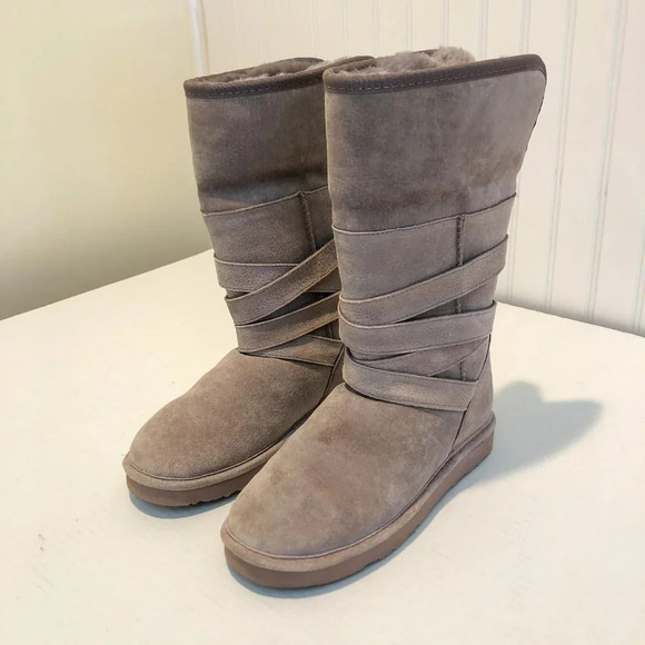 LAMO Leather Suede Sheepskin Round Toe Cream Tan High Winter Boots Women's - Picture 4 of 9